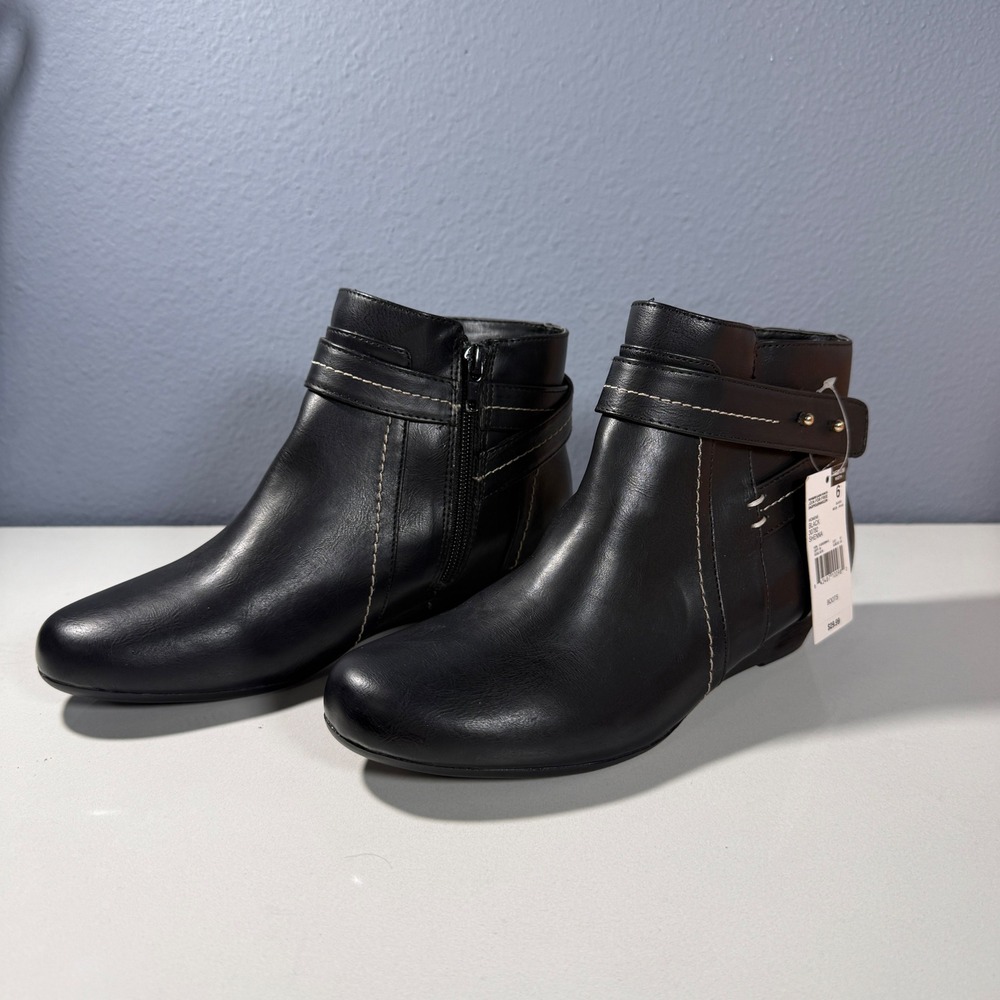 Basic Editions Shenna Black Ankle Boots Low Wedge Side Zip‎ Womens 6 30782 NEW
